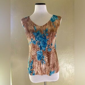 Tan and Blue Micro Pleated V Neck Sleeveless Stretchy Top Size Large by Jaipur